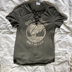 Women's Olive Green Graphic Lace-Up Tee - Give a Hoot Don't Pollute